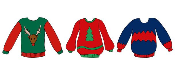 手の冬の暖かい醜いセーターのセットを描いた。冬服。ベクトルイラスト。冬とクリスマスのテーマ - ベクター画像