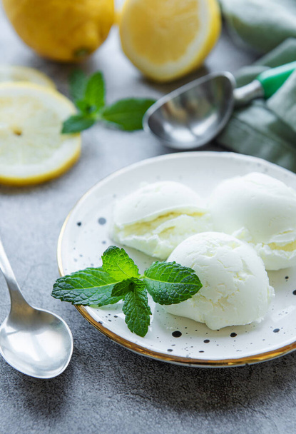 Σπιτικό παγωτό λεμόνι εσπεριδοειδών με μέντα στο πιάτο - Φωτογραφία, εικόνα