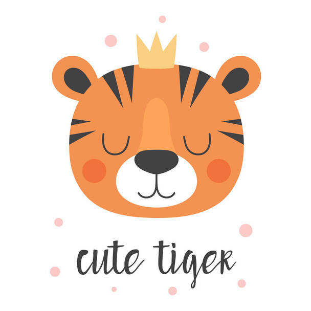 cute tiger head in crown, animal print vector illustration isolated on white background, print for kids - Vector, Imagen