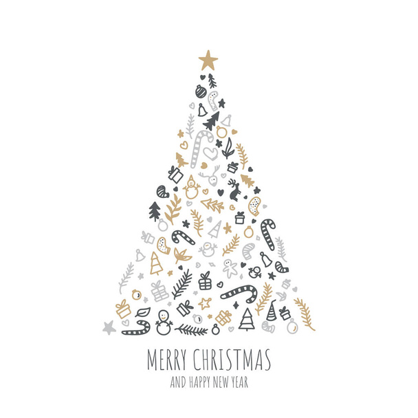 Conceito de cartão com as palavras Feliz Natal. Abstrato forma de árvore de Natal dispostos com símbolos festivos
 - Vetor, Imagem