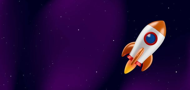 Cartoon-Vektor-Rakete auf dunklem Weltraum-Hintergrund. Fliegendes Raumschiff mit Flamme aus Triebwerk - Vektor, Bild