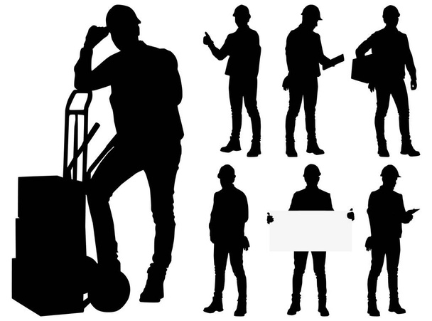 Set di silhouette di operaio che indossa casco e gilet. Illustrazione vettoriale in stile piatto isolata su bianco. Vista a tutta lunghezza - Vettoriali, immagini