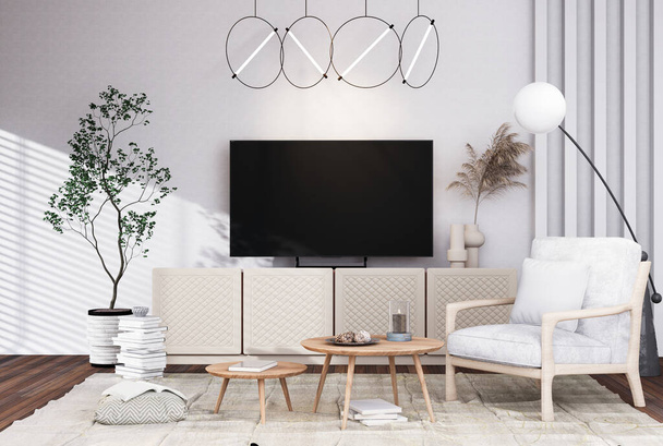 Modern iç mekan mobilyalı odalarda, oturma odasında, İskandinav İskandinav tarzında akıllı TV 'yi kısa mesaj veya içerik için tasarlayın. 3B görüntüleme, 3B Görüntü - Fotoğraf, Görsel