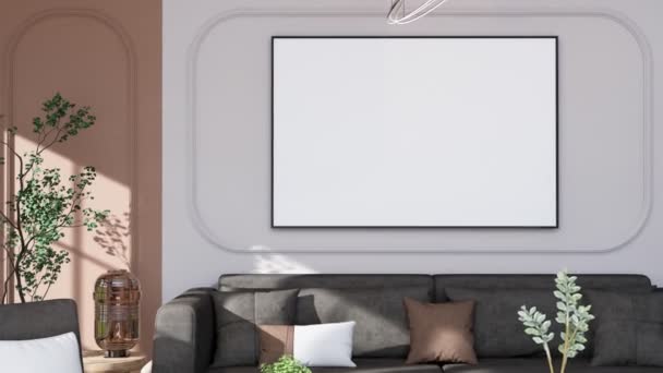 Falešný rámeček plakátu v moderním interiéru plně zařízených místností na pozadí, obývací pokoj, skandinávský nordický styl, pro textovou zprávu nebo obsah. Šablona, 3D vykreslování 4K, 3D ilustrace - Záběry, video