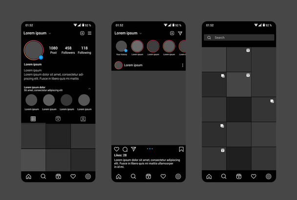Instagramのプロフィール暗いインターフェイステンプレート.モバイルアプリUI 、 UX 、 GUIのデザイン。画面のホームページ、プロフィール、検索のセット。テンプレートアプリケーション。UIデザイン - ベクター画像