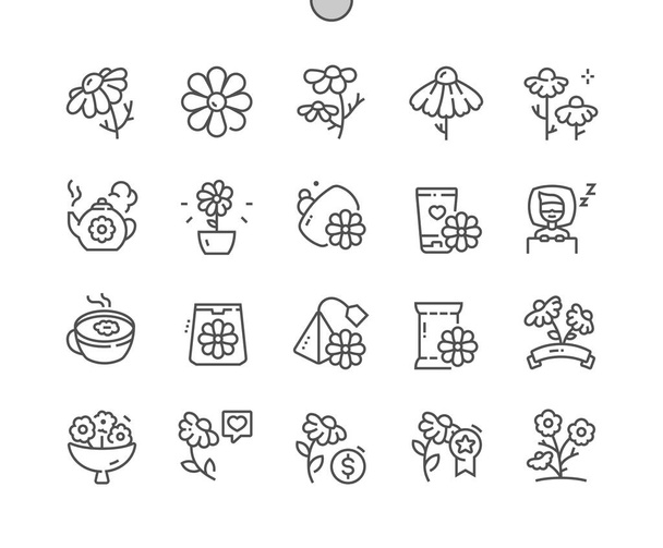 Kamillenblüte. Flora und Natur. Kamillentee. Lebensmittelzutat. Heilpflanze. Pixel Perfect Vector Thin Line Icons. Einfaches minimales Piktogramm - Vektor, Bild