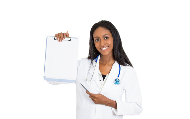 health care professional doctor holding blank clipboard pointing with pen - Фото, зображення
