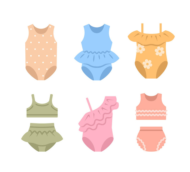 Baby meisje badpakken kleur platte pictogrammen. Verschillende zwempakken voor zwemmen in het zwembad en op het strand. Eenvoudige cartoon pictogrammen van kinderen kleding. Kleding voor kleine meisjes - Vector, afbeelding