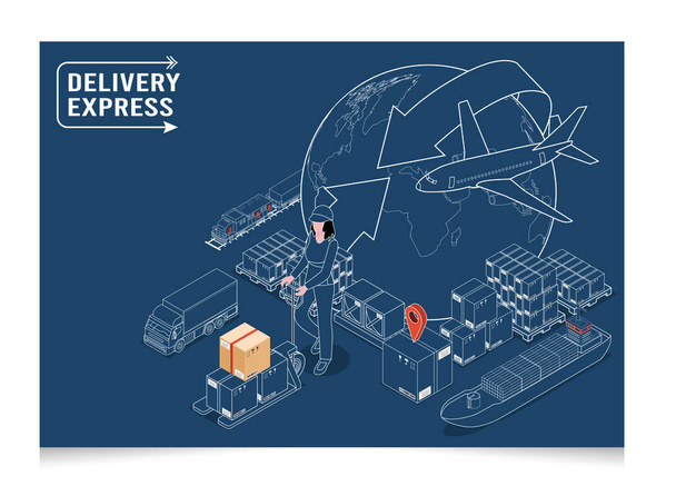 3D izometrická sada logistických řešení s konceptem Global Logistics, Warehouse Logistics, Maritime Transport, Online delivery, Export and Import. Vektorové ilustrace10 - Vektor, obrázek