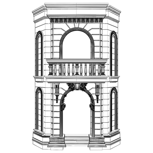 Eclectic House Corner Entrance Vector. Izolovaná ilustrace na bílém pozadí. Vektorová ilustrace vstupu do rohové budovy s balkónem. - Vektor, obrázek
