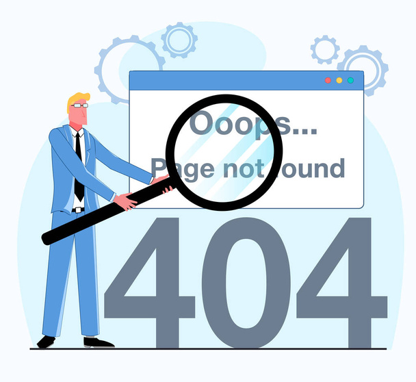 Ошибка не найдена. Бизнесмен держит увеличительное стекло, оно показало ошибку 404. Плоская векторная иллюстрация. - Вектор,изображение