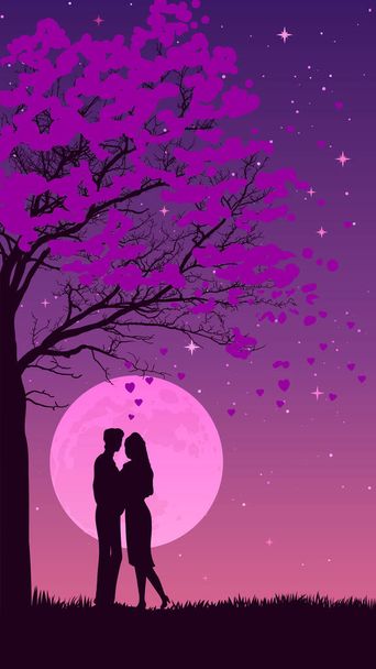 Valentine's Day, February 14th. Vector illustrations of love, a couple in love on the pink background. Vertical stories template, for social media - Vector, Image