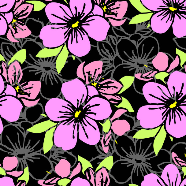 padrão sem costura de silhuetas rosa e contornos cinza de flores em um fundo preto, textura, design - Vetor, Imagem
