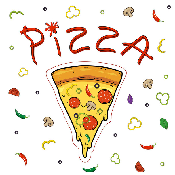 Pizza fatiada com cogumelos, azeitonas, pimenta, salame, salsicha e queijo. "Pizza" ketchup lettering. Ilustração vetorial plana. - Vetor, Imagem
