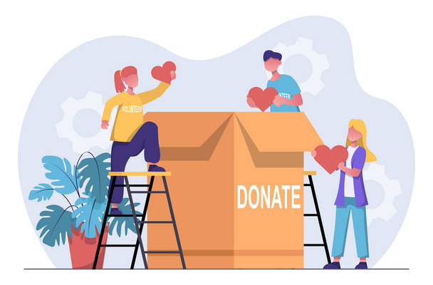 Ehrenamtlich. Eine Freiwilligenorganisation sammelt humanitäre Hilfe. Ehrenamtliche stecken Herzen in eine Schachtel. - Vektor, Bild
