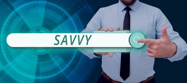 Savvy, iş konseptini sunan metin başlığı pratik konularda algı, anlayış - Fotoğraf, Görsel