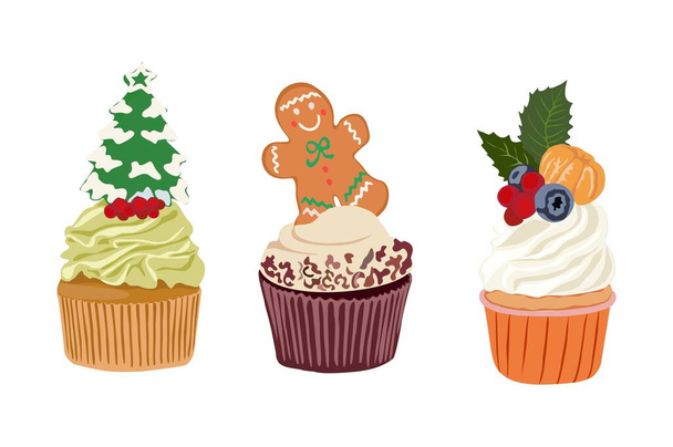 Set of Christmas cupcakes. Sweet Xmas food with cream, gingerbread man and tree decoration. Festive New Year dessert. Winter holiday muffins. Flat vector illustration isolated on white background. - Vector, Image