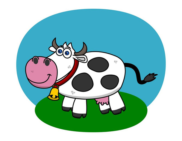Μια αγελάδα γαλακτοπαραγωγής στο χωράφι της με φρέσκο γρασίδι και γαλάζιο ουρανό - διάνυσμα - Διάνυσμα, εικόνα