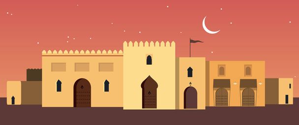 Арабский, марокканский или средиземноморский стиль зданий. Небоскрёб большого города арабских эмиратов под луной.  - Вектор,изображение