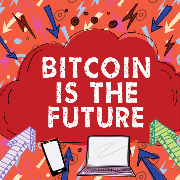 Inspiración mostrando signo Bitcoin es el futuro, Negocios escaparate mercado digital donde los comerciantes pueden comprar y vender bitcoins - Foto, imagen