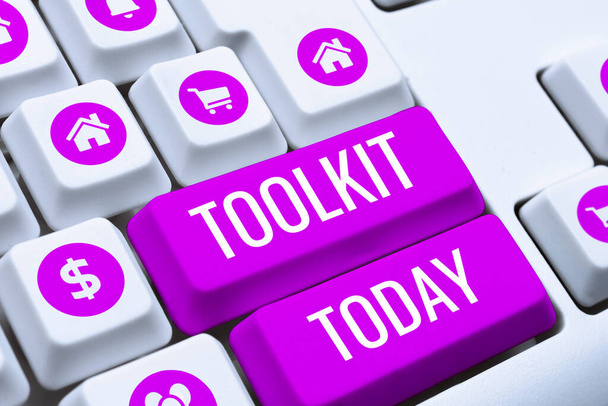 Cartel que muestra Toolkit, Word Escrito en un conjunto de herramientas guardadas en una bolsa o caja y utilizadas para un propósito particular - Foto, Imagen