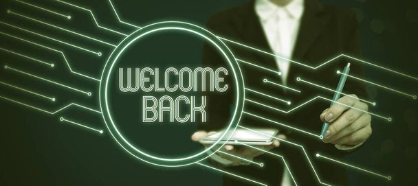 Texto que muestra inspiración Welcome Back, escaparate de negocios Warm Greetings Arrived Repeat Gladly Accepted Pleased - Foto, Imagen
