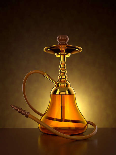 Indiai vagy arab arany vízipipa vagy Sheesha sárga háttérrel. 3D illusztráció Render.  - Fotó, kép