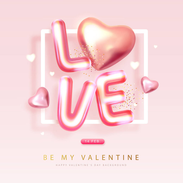 Happy Valentines Day poster with 3D chromic letters and pink love hearts. Holiday greeting card. Vector illustration - Vektor, kép