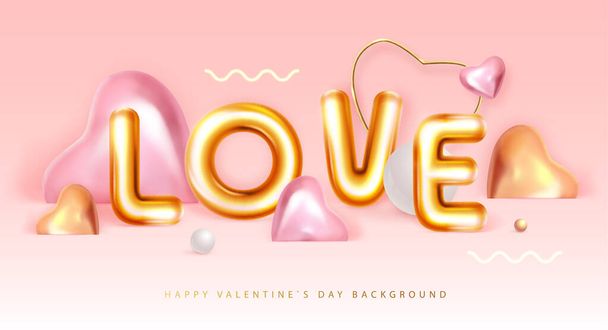 Happy Valentines Day poster with 3D chromic letters and gold love hearts. Holiday greeting card. Vector illustration - Vektor, kép