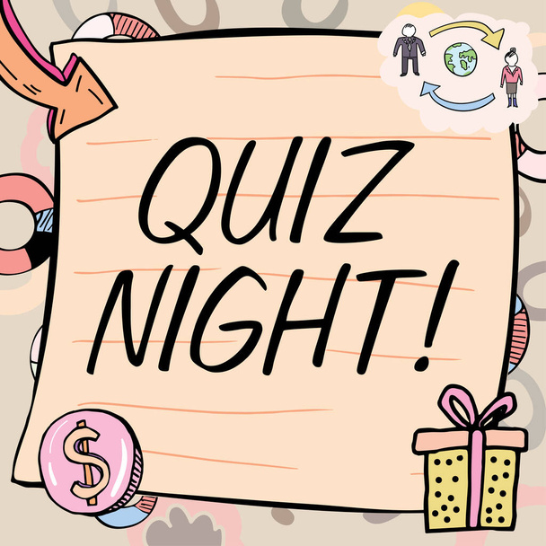 Sinal de texto mostrando Quiz Night, Word for night test knowledge competition between individuals - Foto, Imagem