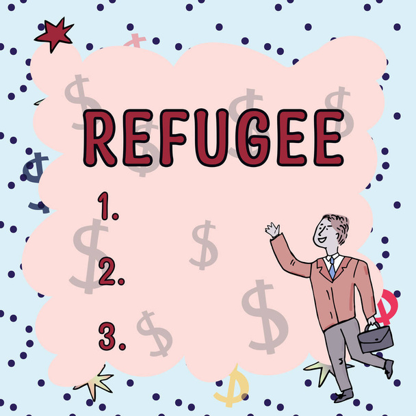 Вдохновение, показывающее знак "Беженец", Слово для обозначения перемещений больших групп перемещенных лиц - Фото, изображение