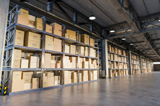 Ilustración 3D. Cajas de cartón en estantes de almacén de almacenamiento. Concepto de industria, logística y transporte. - Foto, Imagen