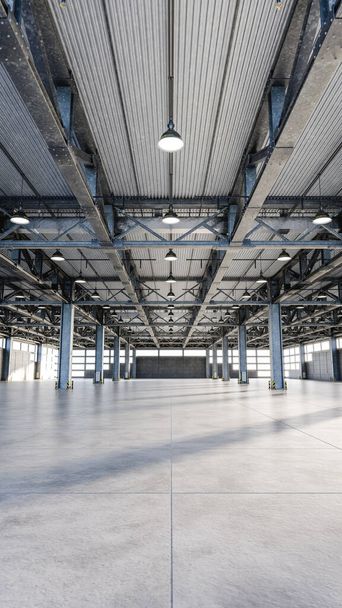 Интерьер освещенного солнцем просторного склада с металлическими колоннами внутри промышленного объекта в дневное время 3D рендеринг - Фото, изображение