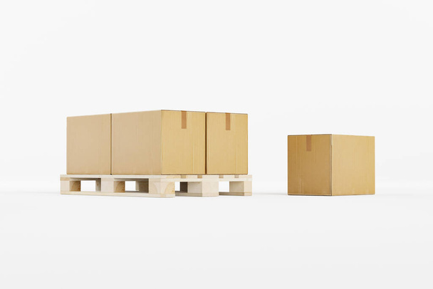 Cajas de cartón en blanco con mercancías apiladas juntas en paleta de madera sobre fondo aislado 3d render - Foto, imagen