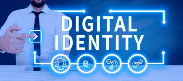 サイバー空間で採用または主張されているデジタルアイデンティティ、ビジネスアプローチネットワークアイデンティティを表示するサイン - 写真・画像