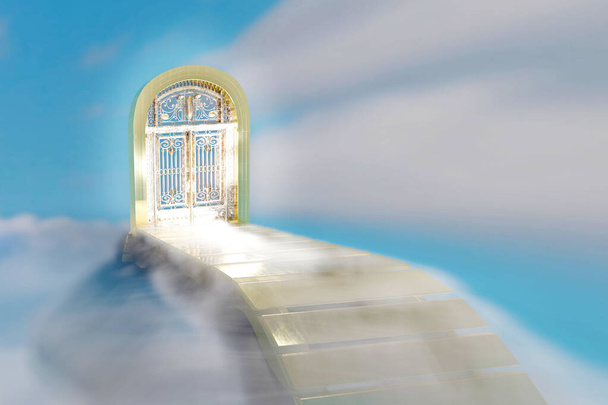 Nebeská brána se zlatými schody a dveřmi na modré obloze s bílými mraky. 3D vykreslování. - Fotografie, Obrázek