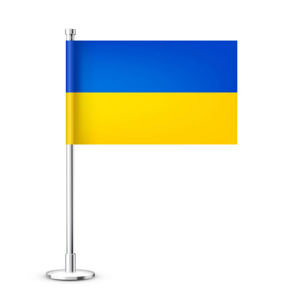 Reális ukrán asztali zászló egy króm acél rúdon. Szuvenír Ukrajnából. Papírból, szövetből és fényes fémállványból készült asztali zászló. Mockup promóció és reklám. Vektorillusztráció. - Vektor, kép