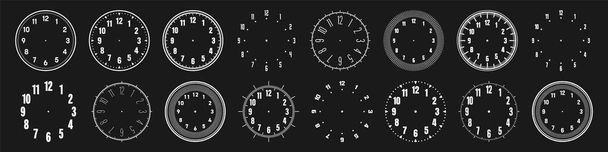 Mechanical clock faces with arabic numerals, bezel. White watch dial with minute, hour marks and numbers. Timer or stopwatch element. Blank measuring circle scale with divisions. Vector illustration. - Vector, Image