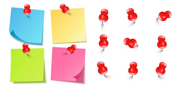 Realistic blank sticky notes isolated on white background. Colorful sheets of note paper with red push pins. Paper reminder and plastic pushpin with needle. Board tacks. Vector illustration. - Vector, Image