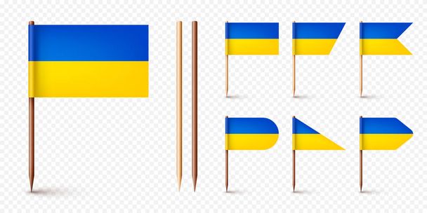 Realistic various Ukrainian toothpick flags. Souvenir from Ukraine. Wooden toothpicks with paper flag. Location mark, map pointer. Blank mockup for advertising and promotions. Vector illustration. - Vector, Image