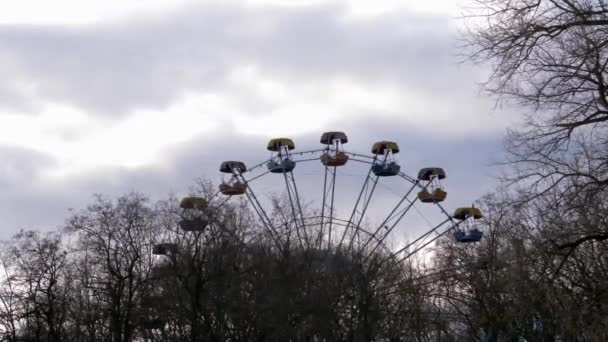 Vogels cirkelen over een oud verlaten reuzenrad. Verlaten pretpark begroeid met bomen. Gezicht als in Tsjernobyl, Pripyat, een verlaten stad. - Video