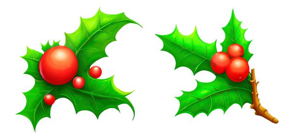 Dwie gałęzie ostrokrzewu z jagodami i pozostawia świąteczne dekoracje, cyfrowe ilustracje odizolowane na białym tle - Zdjęcie, obraz