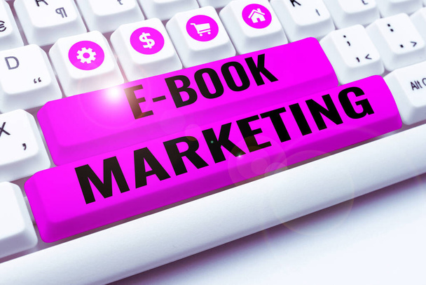 Teksti kuvateksti esittää E Book Marketing, Internet Concept digitaalinen tiedosto, jota voidaan käyttää millä tahansa yhteensopivalla tietokoneella - Valokuva, kuva