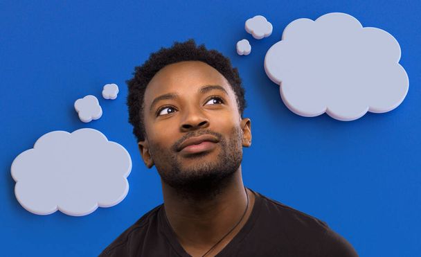 man thinking two thought clouds idea decision choice solution white bubble on blue background - Photo, Image