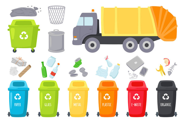 Conjunto de iconos planos de camiones de basura y botes de basura. Reciclaje de basura. Clasificación de residuos de papel, botellas de acero, plástico y vidrio. Proteger el medio ambiente. Ilustraciones aisladas en color - Vector, imagen