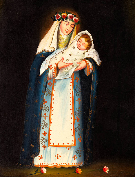 Ikon festmény ábrázoló Szent Rózsa Lima a gyermek Jézus. Római katolikus odaadó ikon. - Fotó, kép