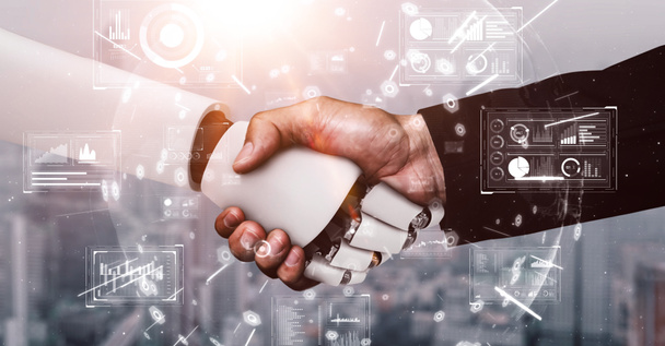 3D-рендеринг гомінідний робот рукостискання для співпраці майбутнього розвитку технологій за допомогою мозку мислення ШІ, штучного інтелекту та процесу машинного навчання для 4-ї промислової революції
. - Фото, зображення