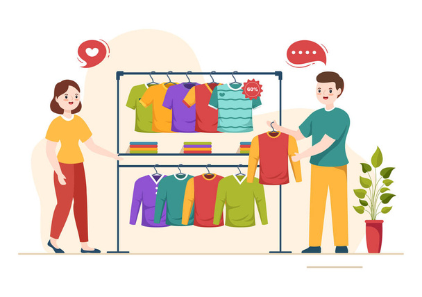 T-shirt Store pour l'achat de nouveaux produits Vêtements ou tenues de différentes couleurs et modèles en dessin animé plat Modèle dessiné à la main Illustration - Vecteur, image