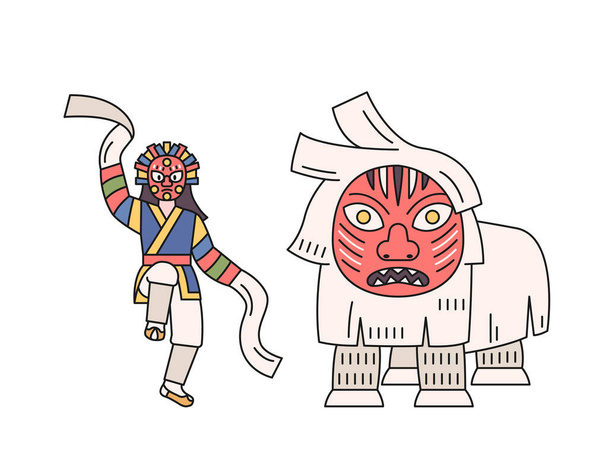 Koreaanse traditionele maskerdans. Een die danst terwijl hij met een lange doek wappert en een ander die een groot leeuwenmasker draagt. - Vector, afbeelding