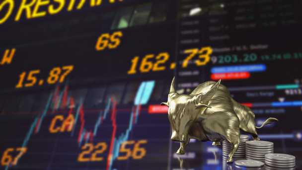 золотой бык и монеты на бизнес-фоне 3D рендеринг - Фото, изображение